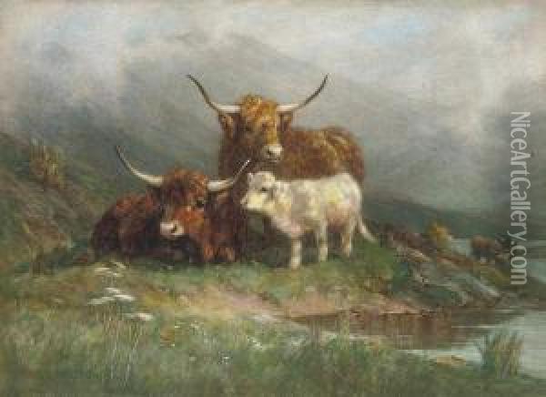 Highland Cattle And A Calf Beside A Loch Oil Painting - William R.C. Watson