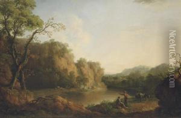 A Rocky Wooded River Landscape With A Waterfall And Figures Andcattle On The Banks Oil Painting - George Jnr Barrett
