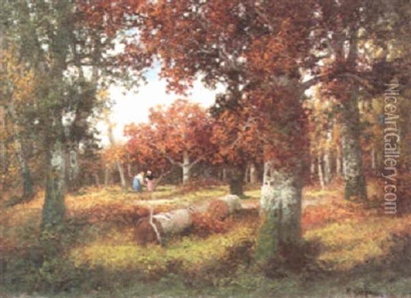 Herbstwald Mit Reisigsammlerinnen Oil Painting - Adolf Kaufmann