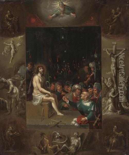 The Mocking Of Christ, With A 
Border En Grisaille Depicting God Thefather, The Four Evangelists, The 
Crucifixion, The Resurrection Andcaptive Souls In Hell Oil Painting - Frans II Francken