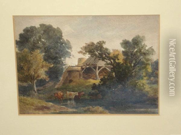Cattle Watering At A Riverside, By A Ruined Building Oil Painting - John Flower