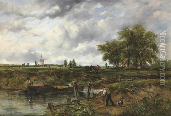 An Extensive Landscape With A Barge Approaching A Lock, With Cattleand A Windmill Beyond Oil Painting - Frederick Waters Watts