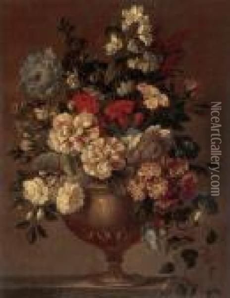 Still Life Of Zinnias, 
Carnations, Morning Glories And Other Flowers In A Bronze Vase Resting 
On A Ledge Oil Painting - Jean-Baptiste Monnoyer
