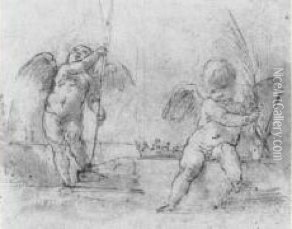 Deux Etudes De Putti Tenant Une Lance Et Une Palme De Martyr Oil Painting - Giovanni Baglione