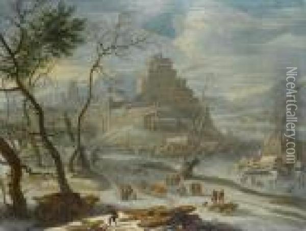 A Winter Landscape With Figures Collectingfirewood And Others Skating On A Frozen River Oil Painting - Orazio Grevenbroeck