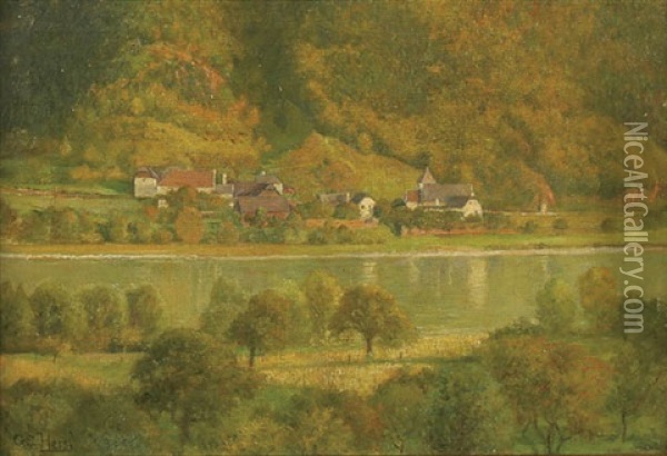 Village Along The River Oil Painting - Gustav August Hessl
