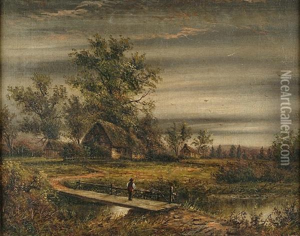Re On A Bridge Over A River With Cottages Beyond Oil Painting - Albert Gilbert