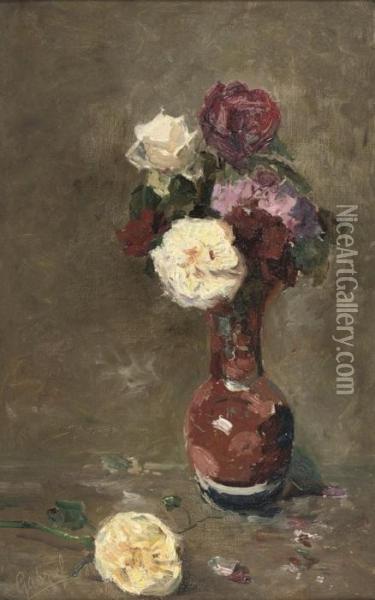 Rozen In Een Vaas: White And Pink Roses Oil Painting - Paul Joseph Constantine Gabriel