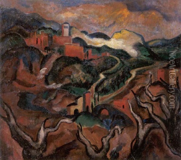 Landschaft Mit Burg Oil Painting - Josef Eberz