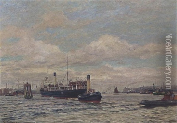 Dampfer Mit Schlepper (the Harbour Of Hamburg) Oil Painting - Friedrich Kallmorgen