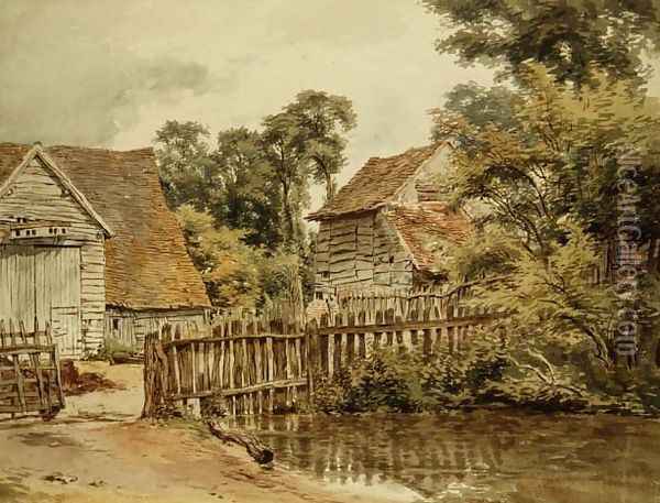 Farmyard with pond Oil Painting - William Henry Hunt