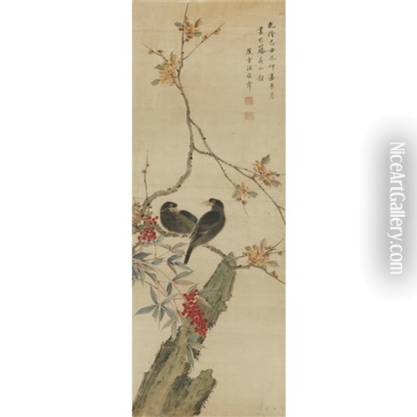 A Pair Of Birds With Prunus And Nandina Oil Painting -  Wang Chengpei
