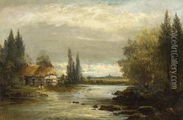 River Landscape With Cottage And Figures Oil Painting - Keeley Halswelle