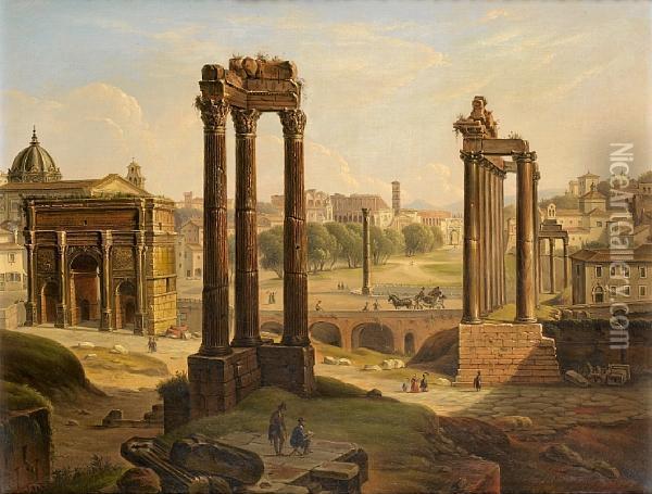 A View Of The Roman Forum From The Capitoline Hill Looking North, With The Temple Of Saturn, The Arch Of Septimus Severus, The Arch Of Constantine And The Colosseum Beyond Oil Painting - Michelangelo Pacetti