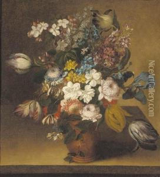 Honeysuckle, Irises, Stocks, Tulips, Chrysanthemums And Narcissi In A Vase On A Table Oil Painting - Gaspar-pieter The Younger Verbruggen