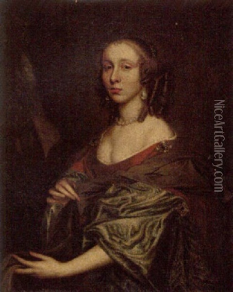 Portrait Of A Lady In An Orange Dress With Green Sleeves Oil Painting - John Hayls