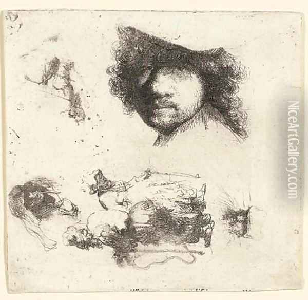 Sheet of Studies Head of the Artist, a Beggar Couple, Heads of an old Man and an old Woman, etc. Oil Painting - Rembrandt Van Rijn
