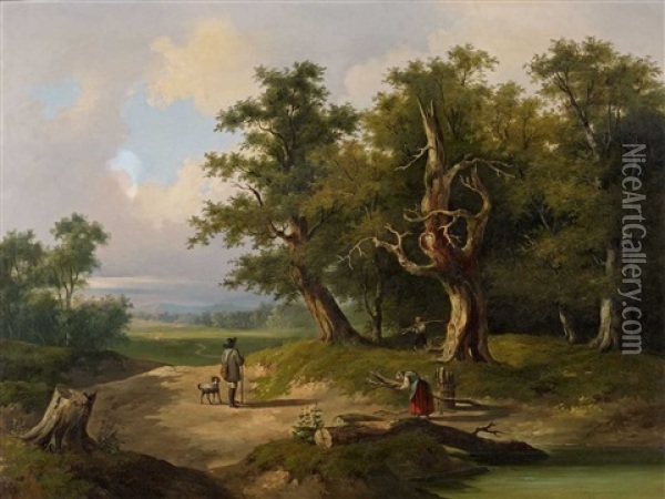 Landschaft Mit Wanderern Und Reisigsammlern Oil Painting - Thomas Ender