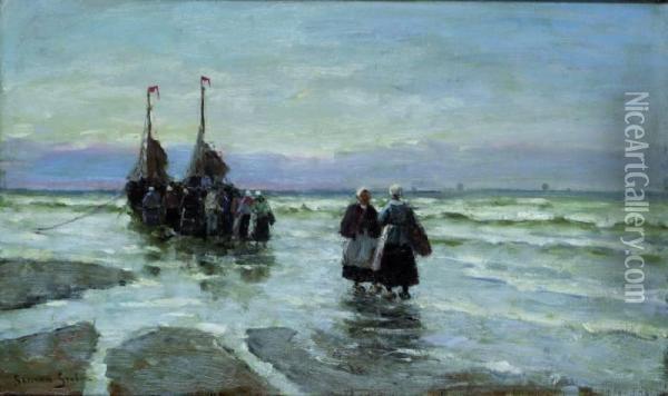Vissers Bij Schuit Aan Het Katwijkse Strand Oil Painting - German Grobe