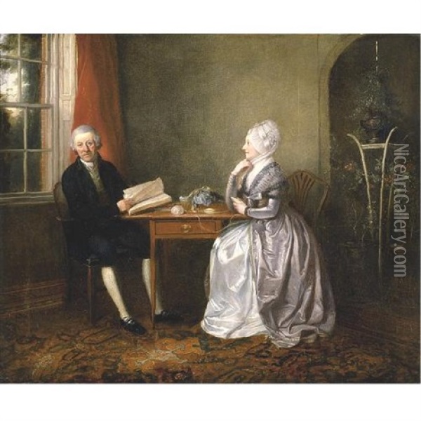 Thomas Grant And His Wife Mary, Seated In An Interior Oil Painting - John Thomas (Seaton) Seton