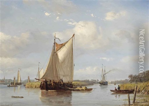 A Summer River Landscape With Flatboats Oil Painting - Petrus Paulus Schiedges the Elder