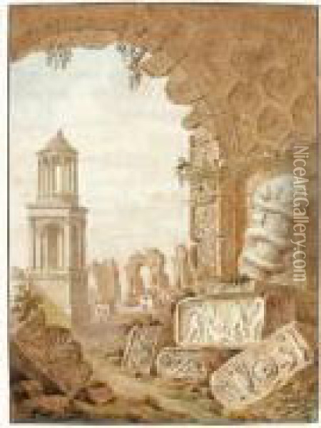 Caprice Architectural Avec Les Antiques De Saint-remy De Provence Oil Painting - Charles Louis Clerisseau