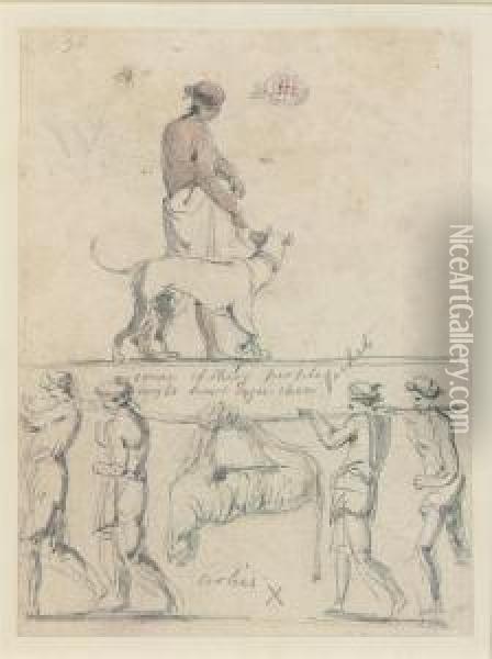 Coolies Carrying A Tiger And A Man With A Hunting Dog Oil Painting - Thomas Daniell