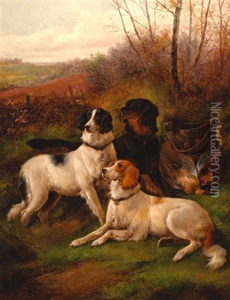 The Day's Bag, Two English And One Gordon Setter Oil Painting - John Gifford