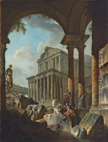 A Capriccio Of Classical Ruins Of The Roman Forum With Figures Conversing Amongst Architectural Fragments Oil Painting - Giovanni Paolo Panini