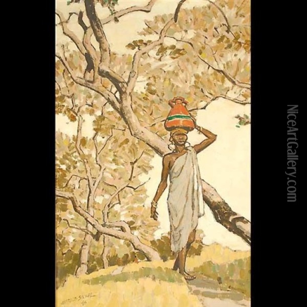 African Lady Carrying A Vessel Oil Painting - Harold M. Sichel