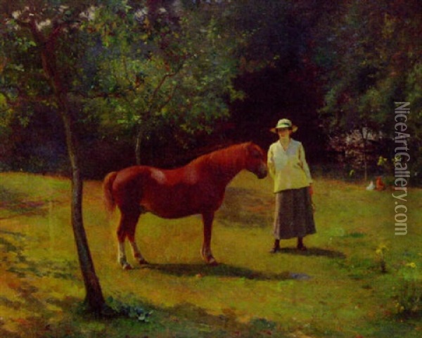 Portrait Of A Lady, Standing In An Orchard With A Pony Oil Painting - Henry Thomas Jarman