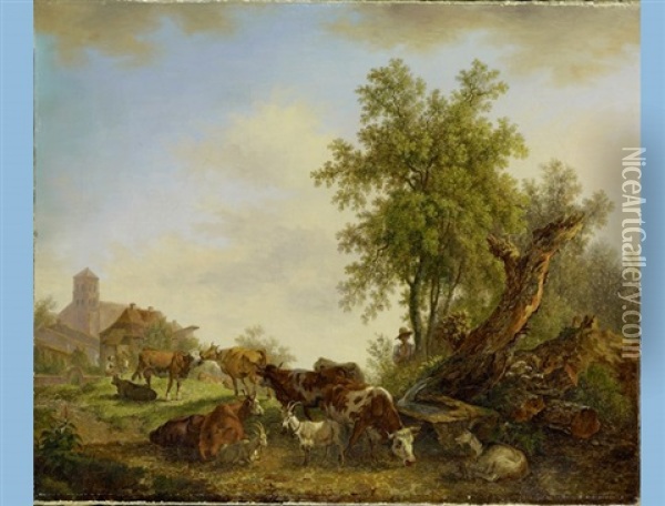 Cows In Front Of A Village Oil Painting - Pierre Louis De La Rive