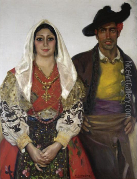Novios Extremenos (couple From Extremadura) Oil Painting - Carlos Vazquez Ubeda