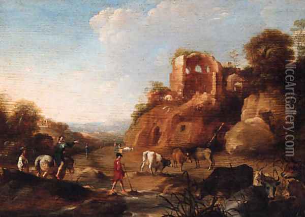 An Italianate landscape with drovers by a stream, classical ruins on a hill beyond Oil Painting - Dirck van der B Lisse