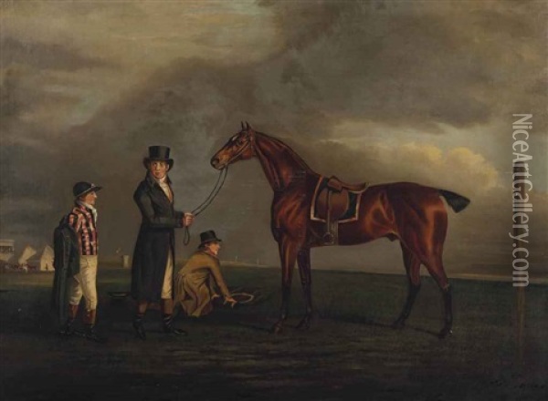 Hap-hazard With His Trainer, Groom And Jockey On A Racecourse Oil Painting - Benjamin Marshall