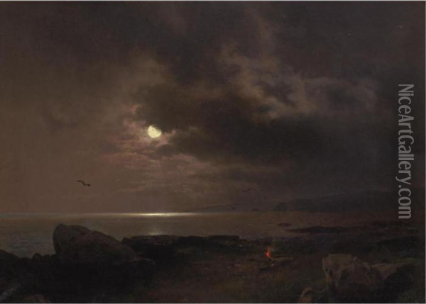A Bonfire In The Moonlight Oil Painting - Herman Herzog