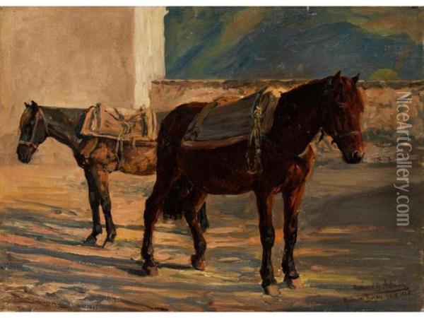 Zwei Gesattelte Pferde Vor Einem Mauerstuck Oil Painting - Richard Benno Adam