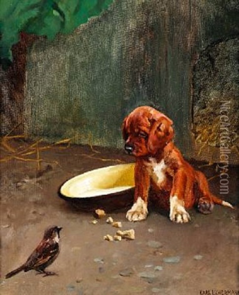 A Puppy And A Sparrow Oil Painting - Karl Kristian Uchermann
