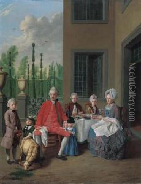 Group Portrait Of The Van Den Bosch Family, Dining By A House, Atopiary Garden Beyond Oil Painting - Jan Jozef, the Younger Horemans