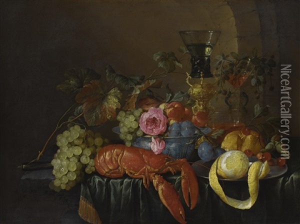 Still Life With A Lobster, A Peeled Lemon On A Pewter Plater, A Roemer, And Fruits On A Stone Ledge With A Green Drape Oil Painting - Cornelis De Heem