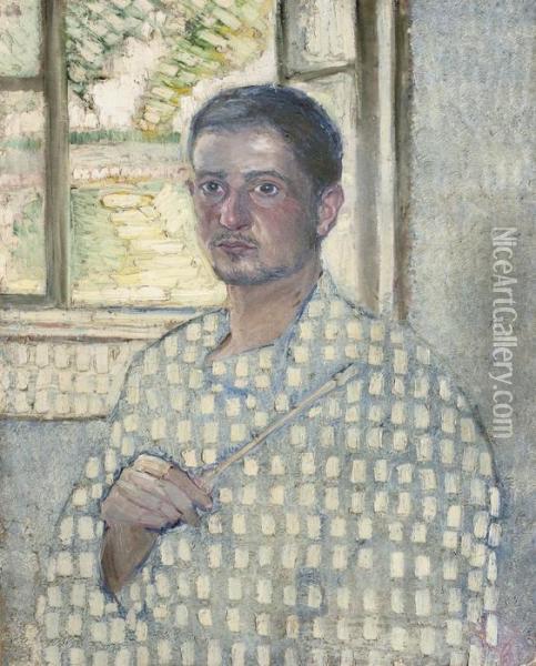 Self-portrait With Brush Oil Painting - Vladimir Baranoff-Rossine