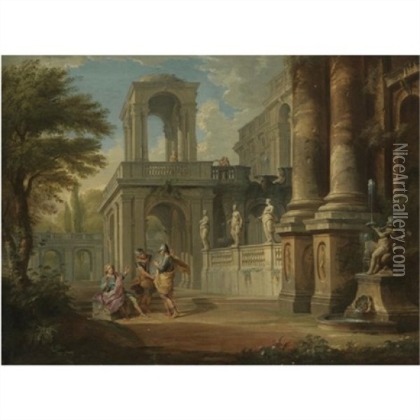 An Architectural Capriccio With Two Soldiers Addressing A Young Man, Figures On A Balcony Beyond Oil Painting - Giovanni Paolo Panini