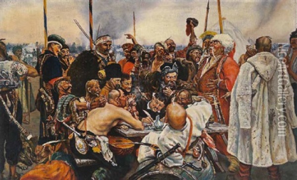 Die Saporoger Kosaken Schreiben Dem Turkischen Sultan Einen Brief Oil Painting - Ilya Repin