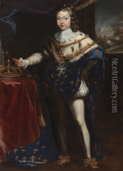 Portrait Of The Young King Louis Xiv In Coronation Robes Oil Painting - Henri Testelin