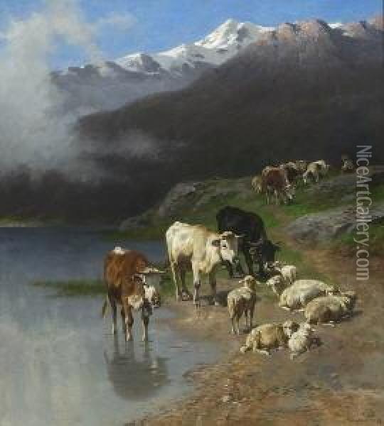 Kuhe Und Schafe Mit Einem
 Huterjungen Am Ufer Eines Gebirgsees. Oil Painting - Christian Friedrich Mali