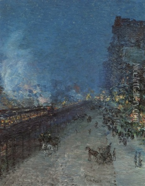 Sixth Avenue El, Nocturne, New York Oil Painting - Childe Hassam