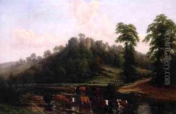 Cattle Watering beneath Goodwich Castle on the Wye Oil Painting - Thomas Baker Of Leamington
