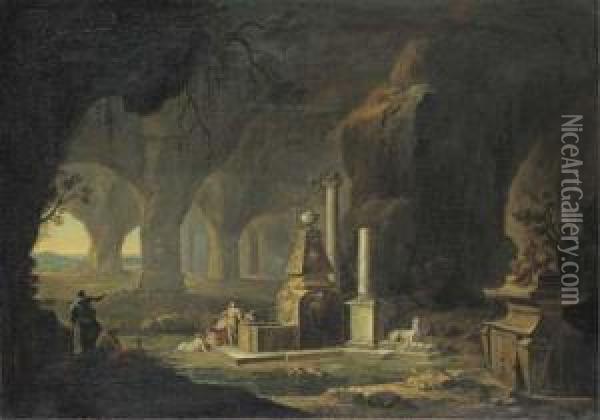 A Grotto With Figures By A Fountain Oil Painting - Johann Georg Bohm