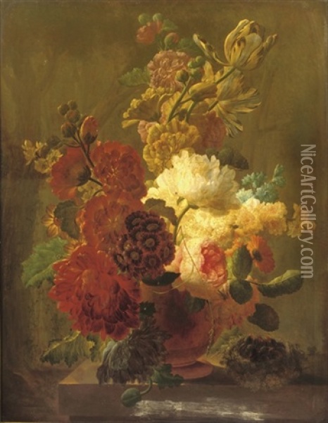 Roses, Tulips, Violets And Other Flowers In An Urn On A Stone Ledge With A Bird's Nest Oil Painting - Pieter Faes