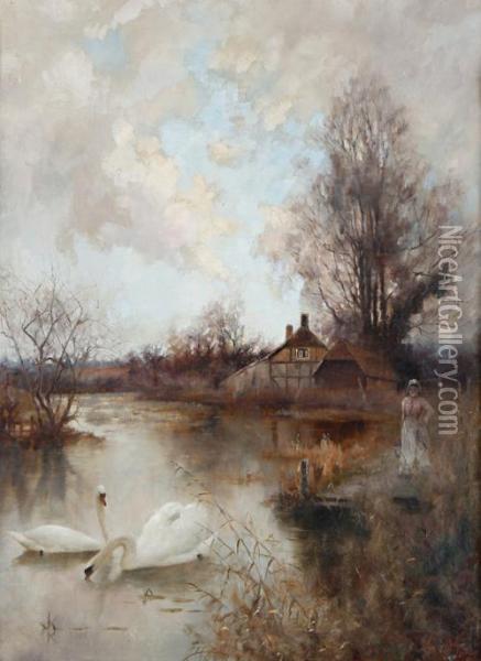 Swans On River Oil Painting - Valentine, Val Davis